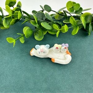 Vintage Mini Cat Figurine Laying with Mice